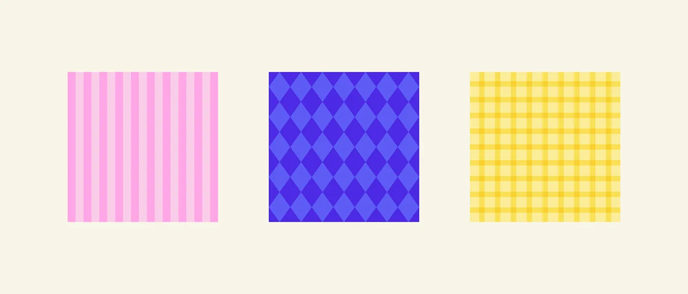Three supporting patterns: pink stripes, blue diamonds, yellow gingham. The secondary visual language.