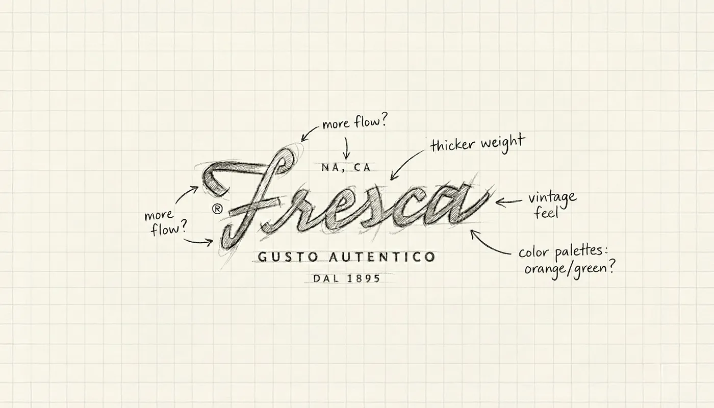 Hand-drawn wordmark explorations with designer annotations. Closes the gallery with the process reveal.