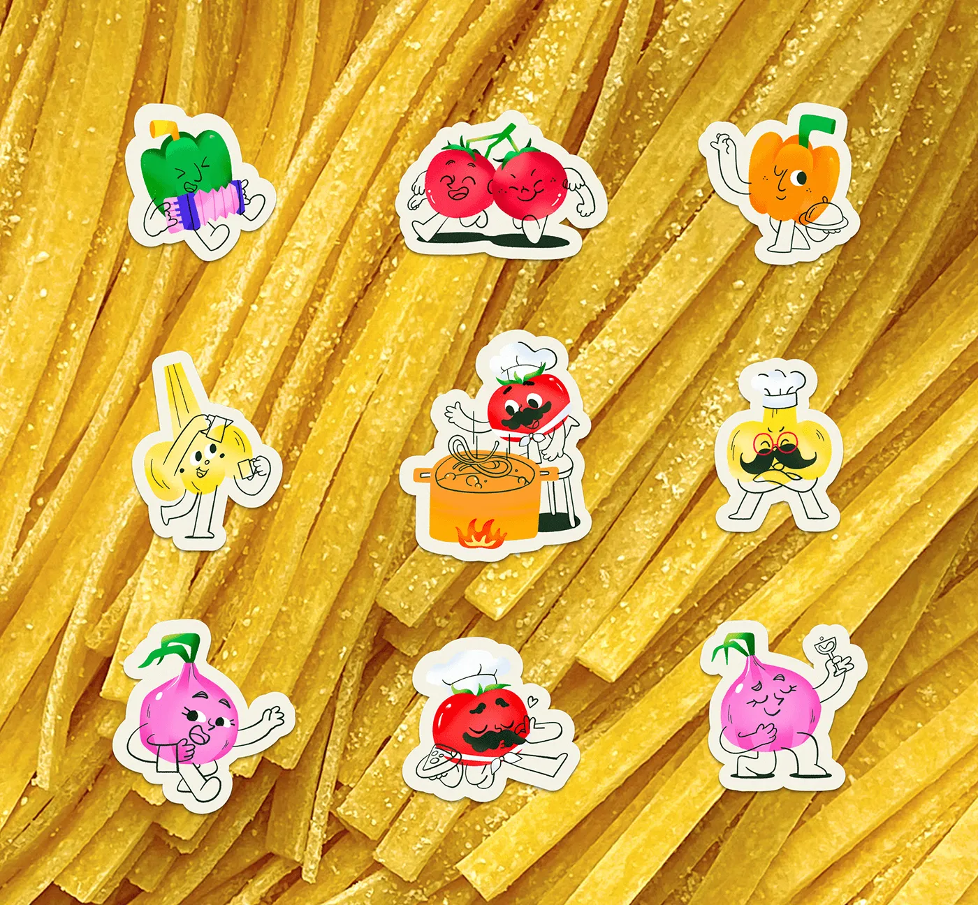 Nine anthropomorphic vegetable stickers on a pasta background. The personality core of the identity.