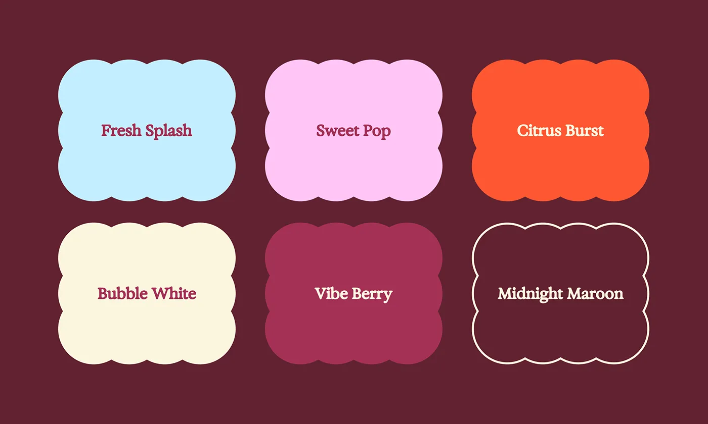 Six scalloped swatches with flavor names and brand colors. The system behind the shelf.