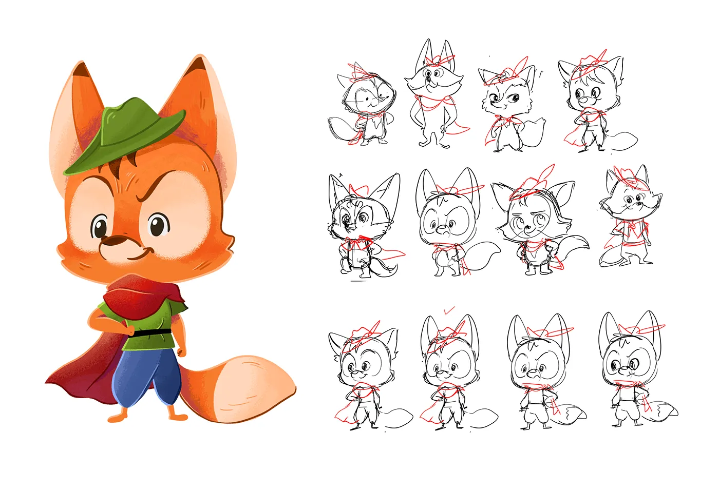 Final fox turnaround next to twelve expression sketches. Opens the process section of the case study.