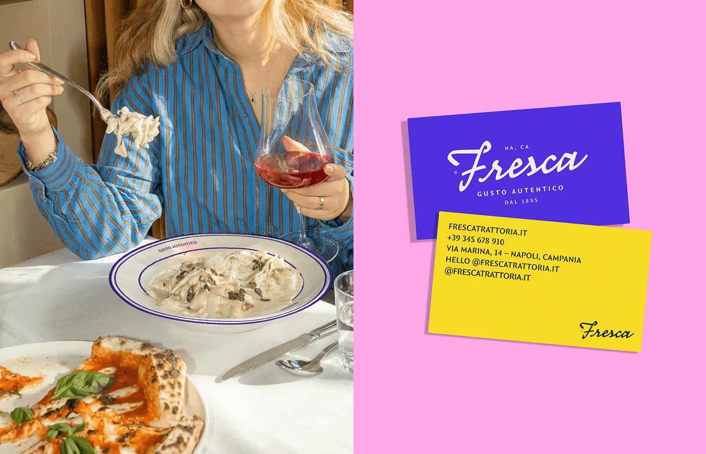 Split composition: a diner lifestyle photo beside stacked brand cards. Shows the brand living in print and photography.