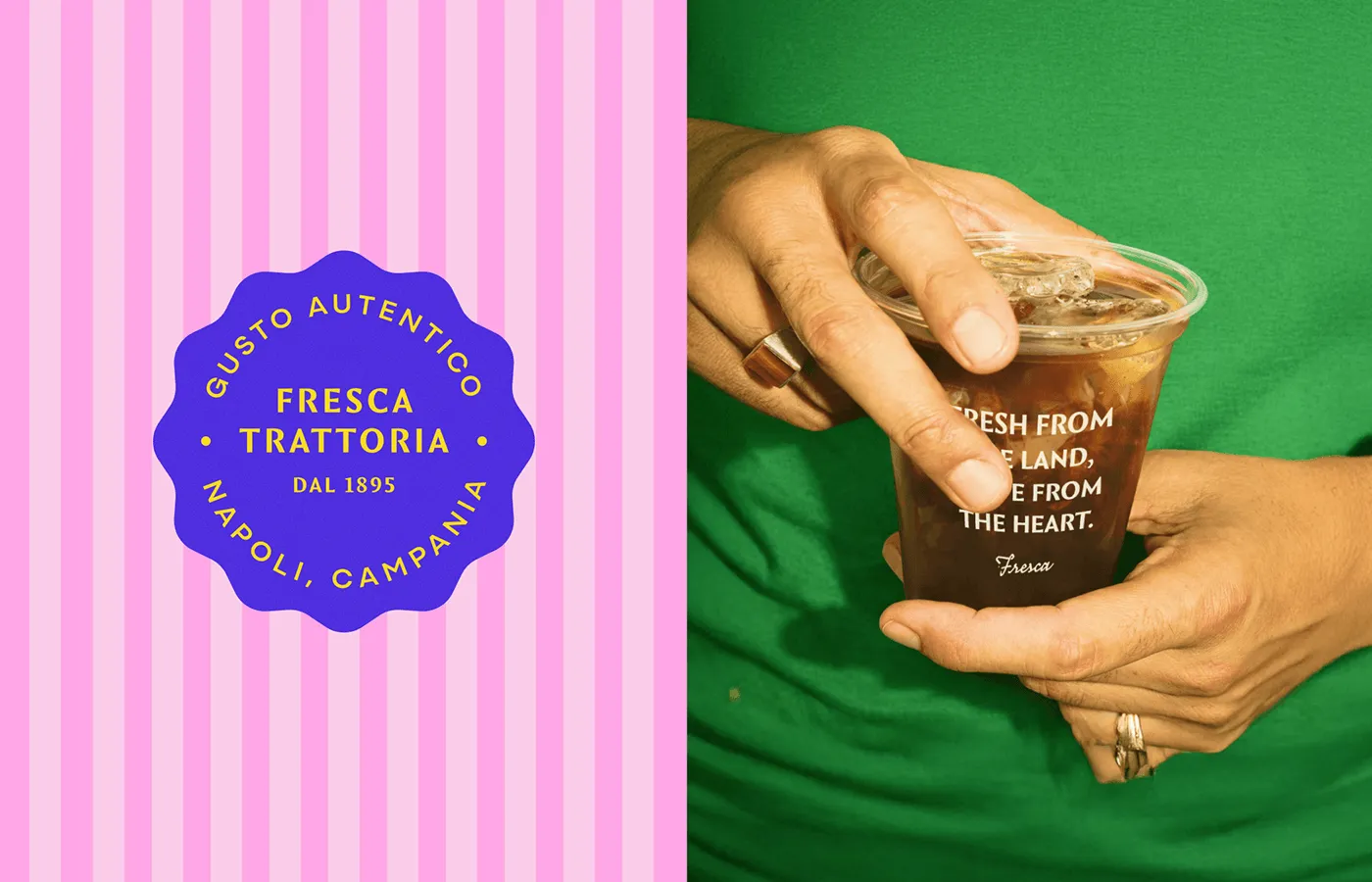 The Gusto Autentico circular seal next to a branded cup in hand. Sub-brand depth and tactile application.